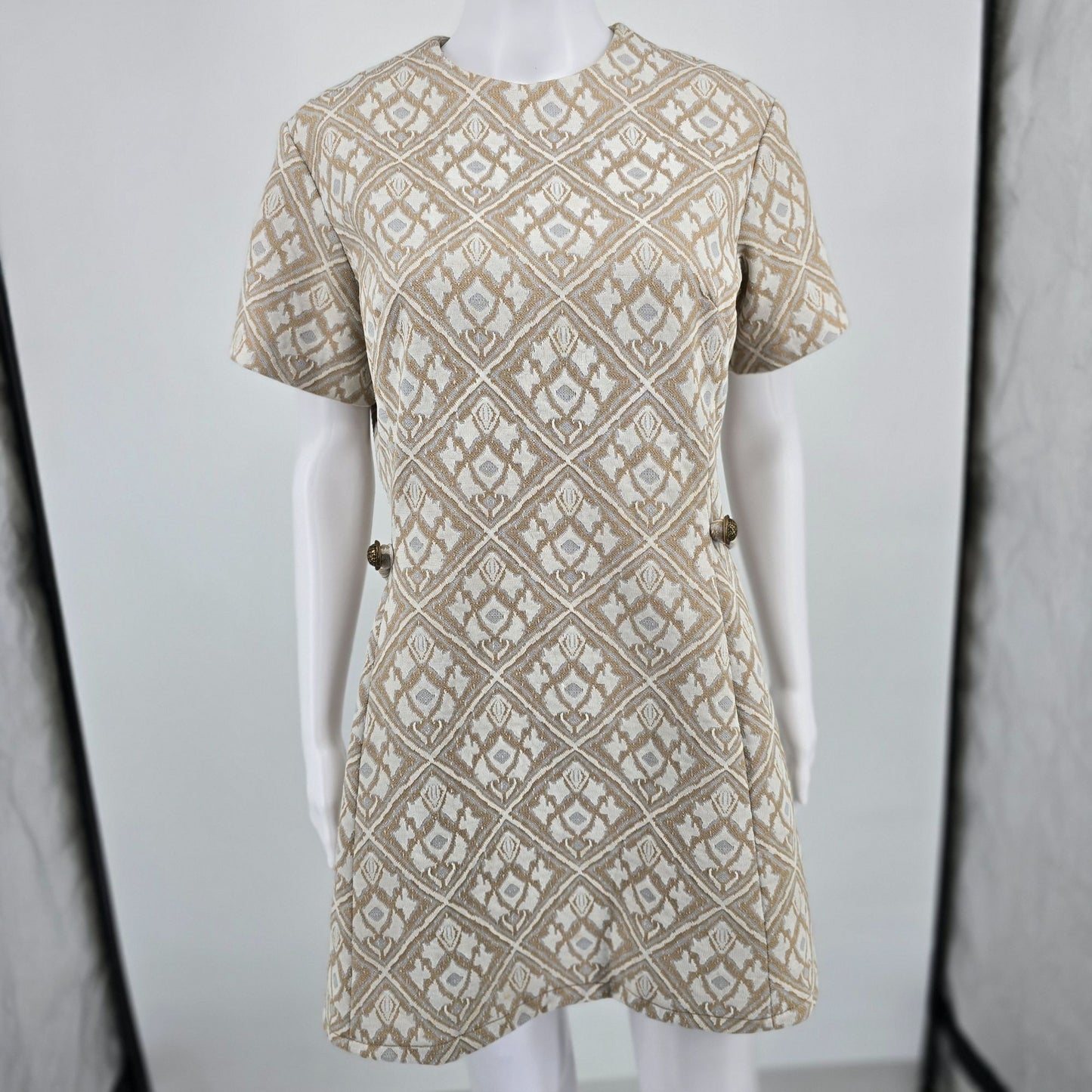 Vintage 1960s Mod Tan/Cream/Gray Metal Zipper Jacquard Knit Mini Shift Dress (L)