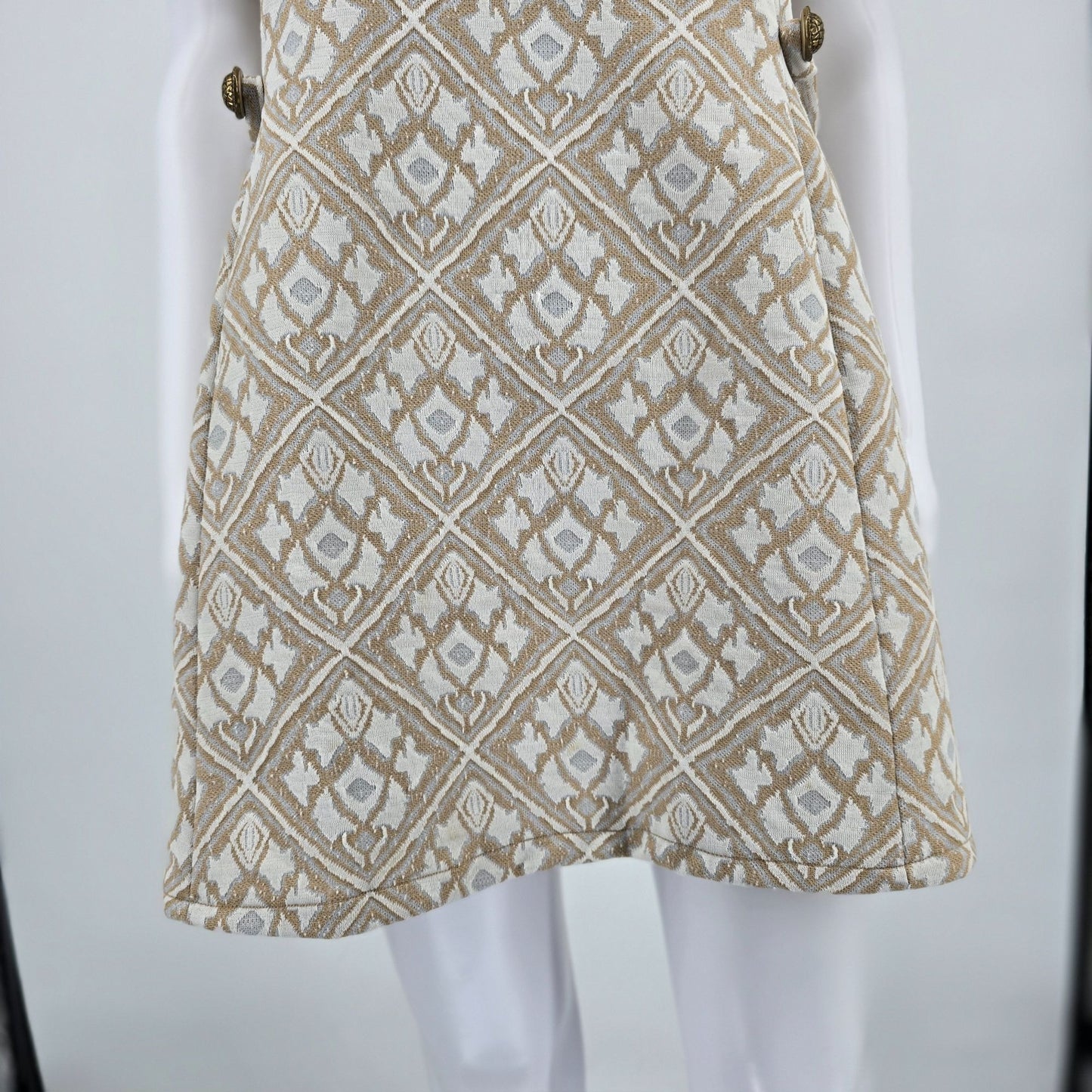 Vintage 1960s Mod Tan/Cream/Gray Metal Zipper Jacquard Knit Mini Shift Dress (L)