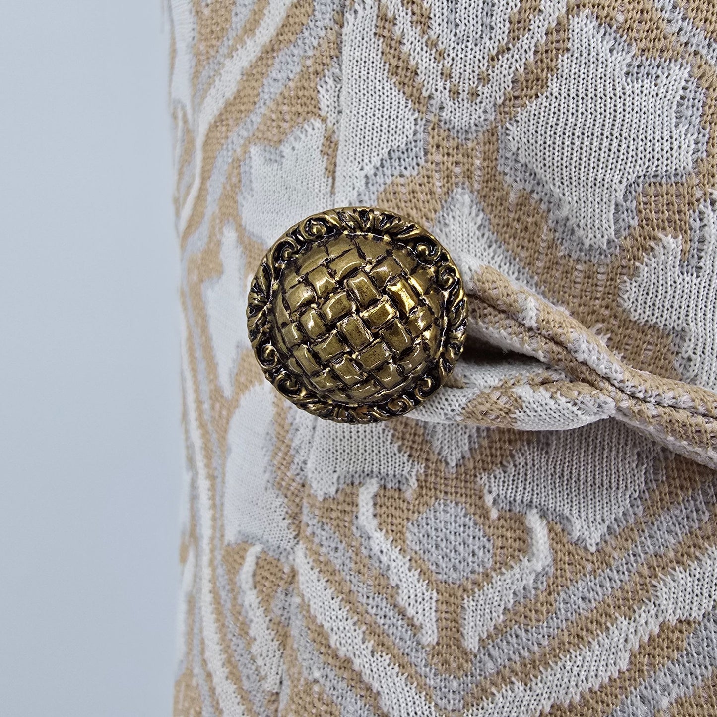 Vintage 1960s Mod Tan/Cream/Gray Metal Zipper Jacquard Knit Mini Shift Dress (L)