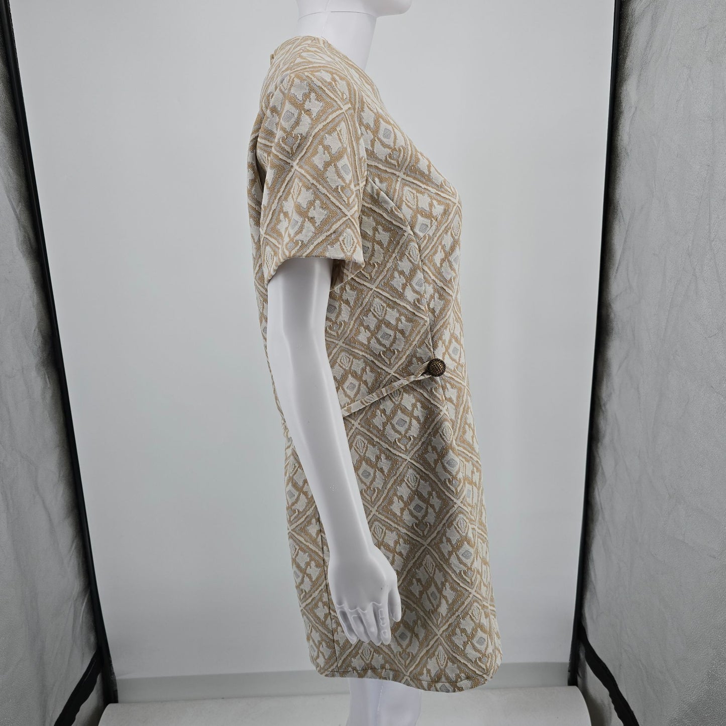 Vintage 1960s Mod Tan/Cream/Gray Metal Zipper Jacquard Knit Mini Shift Dress (L)