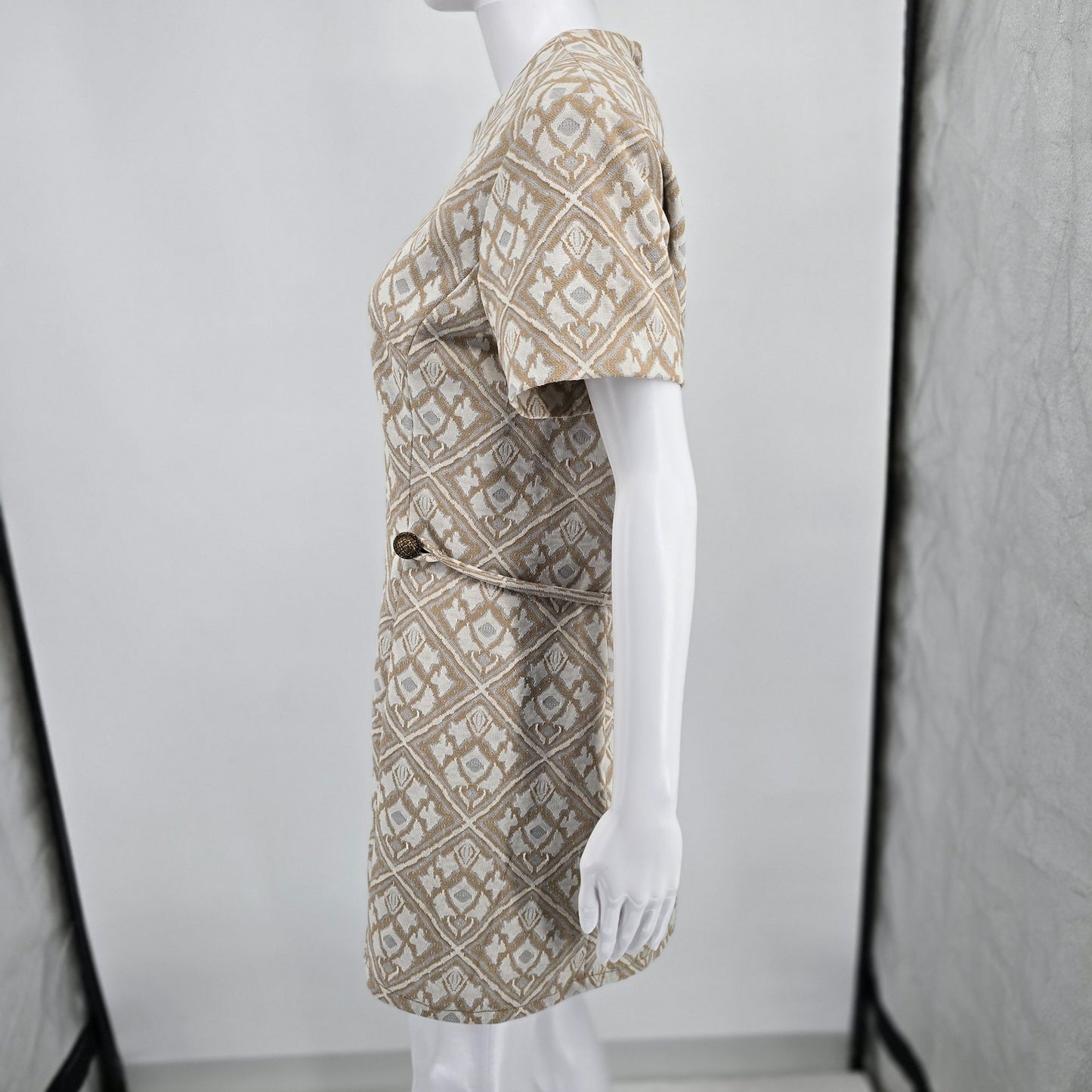 Vintage 1960s Mod Tan/Cream/Gray Metal Zipper Jacquard Knit Mini Shift Dress (L)