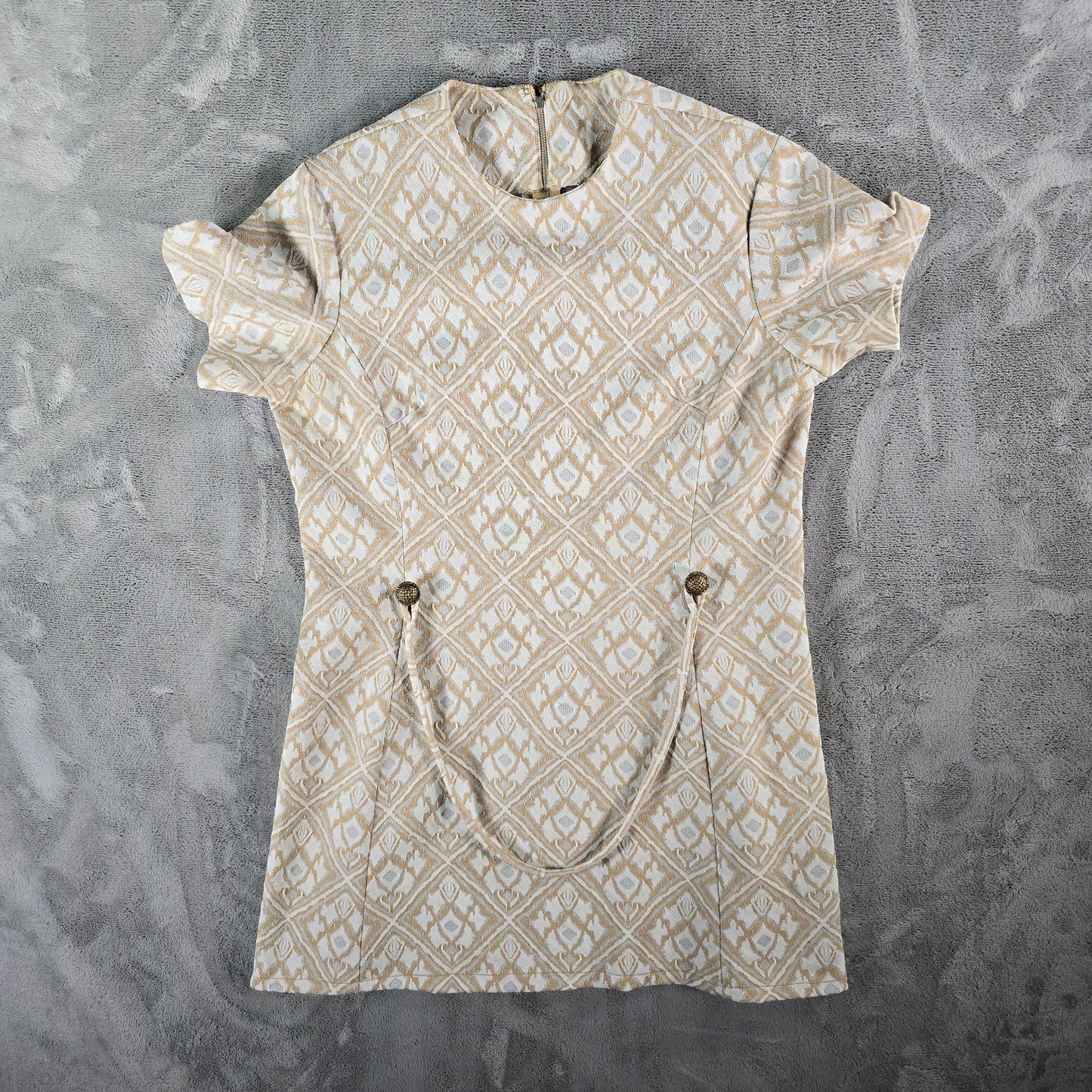 Vintage 1960s Mod Tan/Cream/Gray Metal Zipper Jacquard Knit Mini Shift Dress (L)