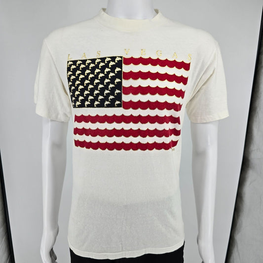 Vintage 1990s Oneita Power-T WT Las Vegas Dolphin Flag Graphic T-Shirt (M)
