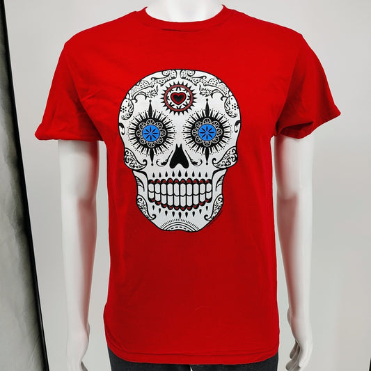 Red Sugar Skull Heart Red Graphic T-Shirt (Small)