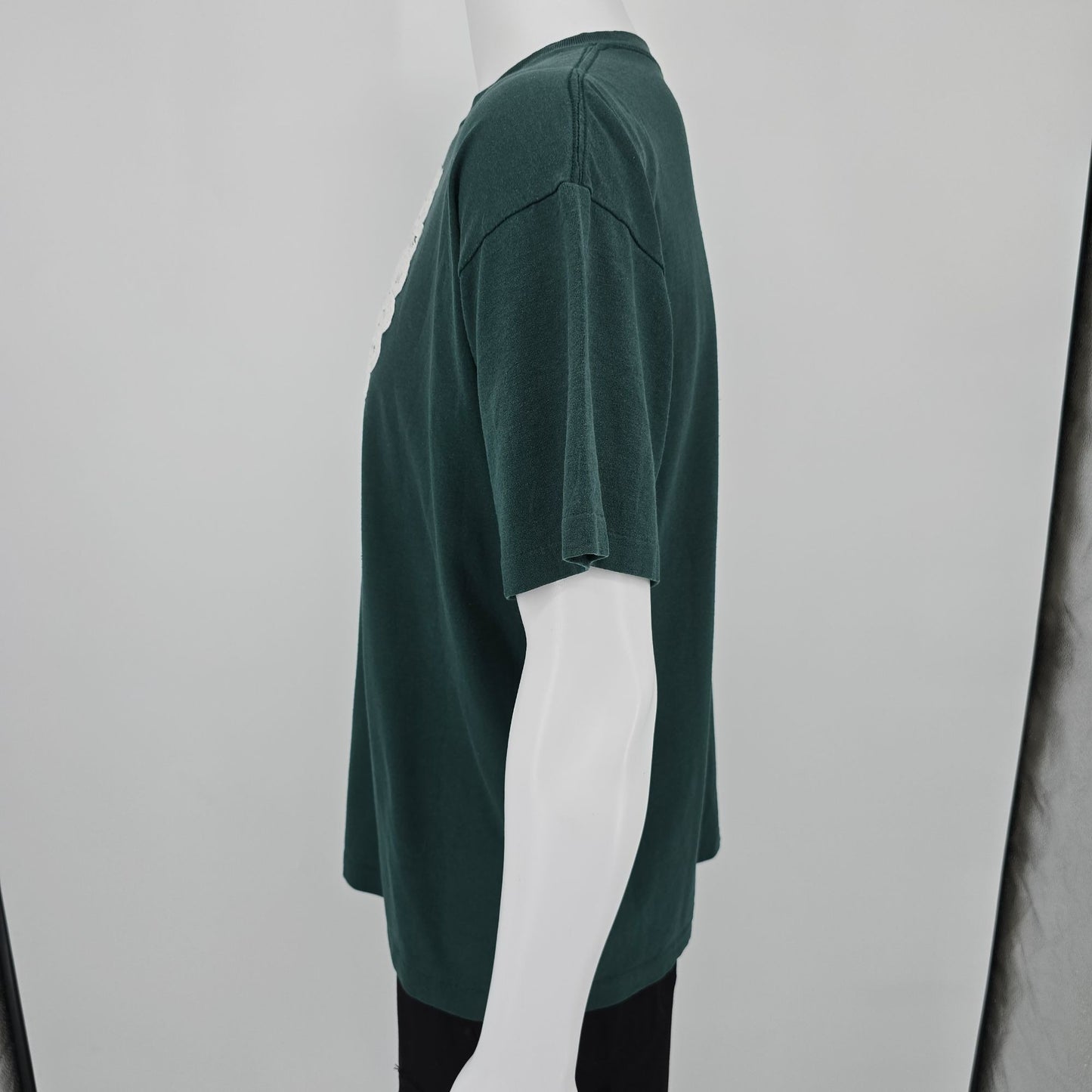 Vintage 1990s Green Battenburg-Style Lace Heart Doily Applique T-Shirt (L/XL)