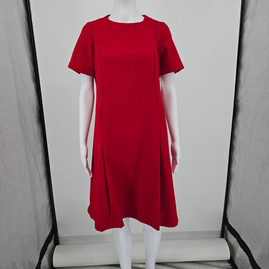 Vintage 1960s Red Ribbed Knit A-Line Shift Knee Length Mod Dress (Large)