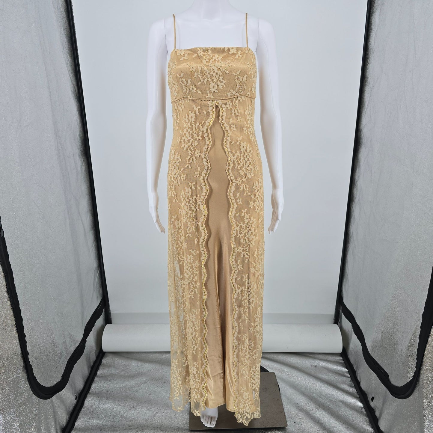 Vintage 1990s Debut Gold Metallic Lace Overlay Satin Slip Maxi Dress (S) *Flaws