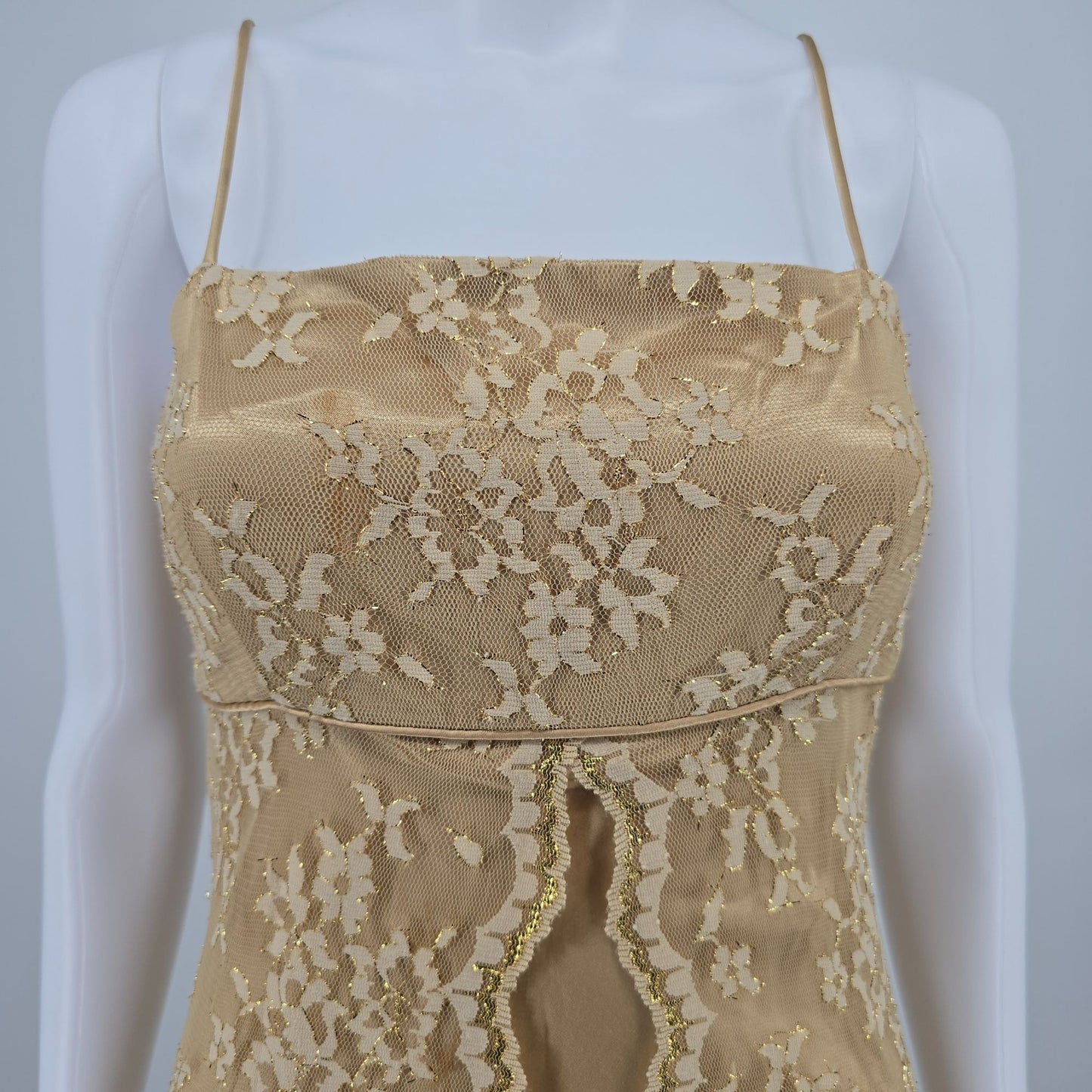 Vintage 1990s Debut Gold Metallic Lace Overlay Satin Slip Maxi Dress (S) *Flaws