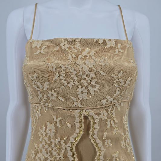 Vintage 1990s Debut Gold Metallic Lace Overlay Satin Slip Maxi Dress (S) *Flaws