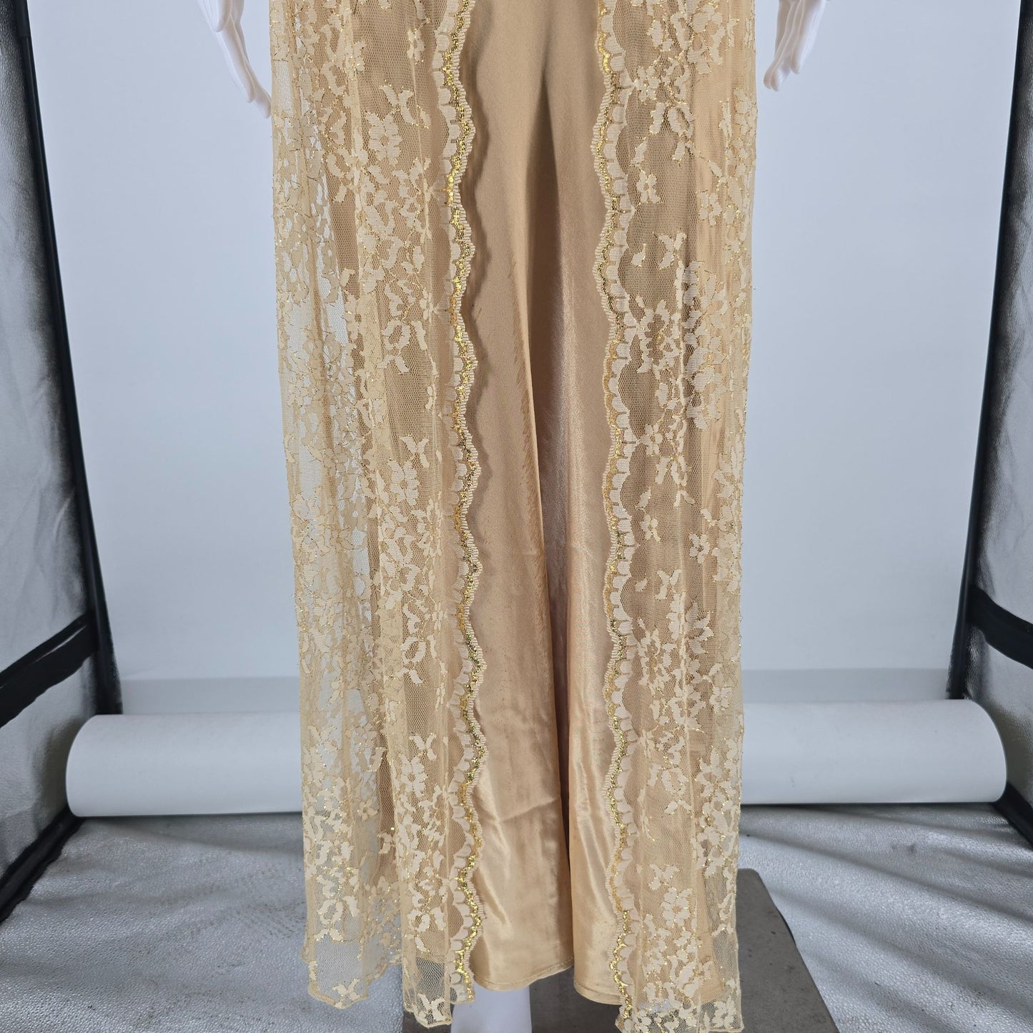 Vintage 1990s Debut Gold Metallic Lace Overlay Satin Slip Maxi Dress (S) *Flaws