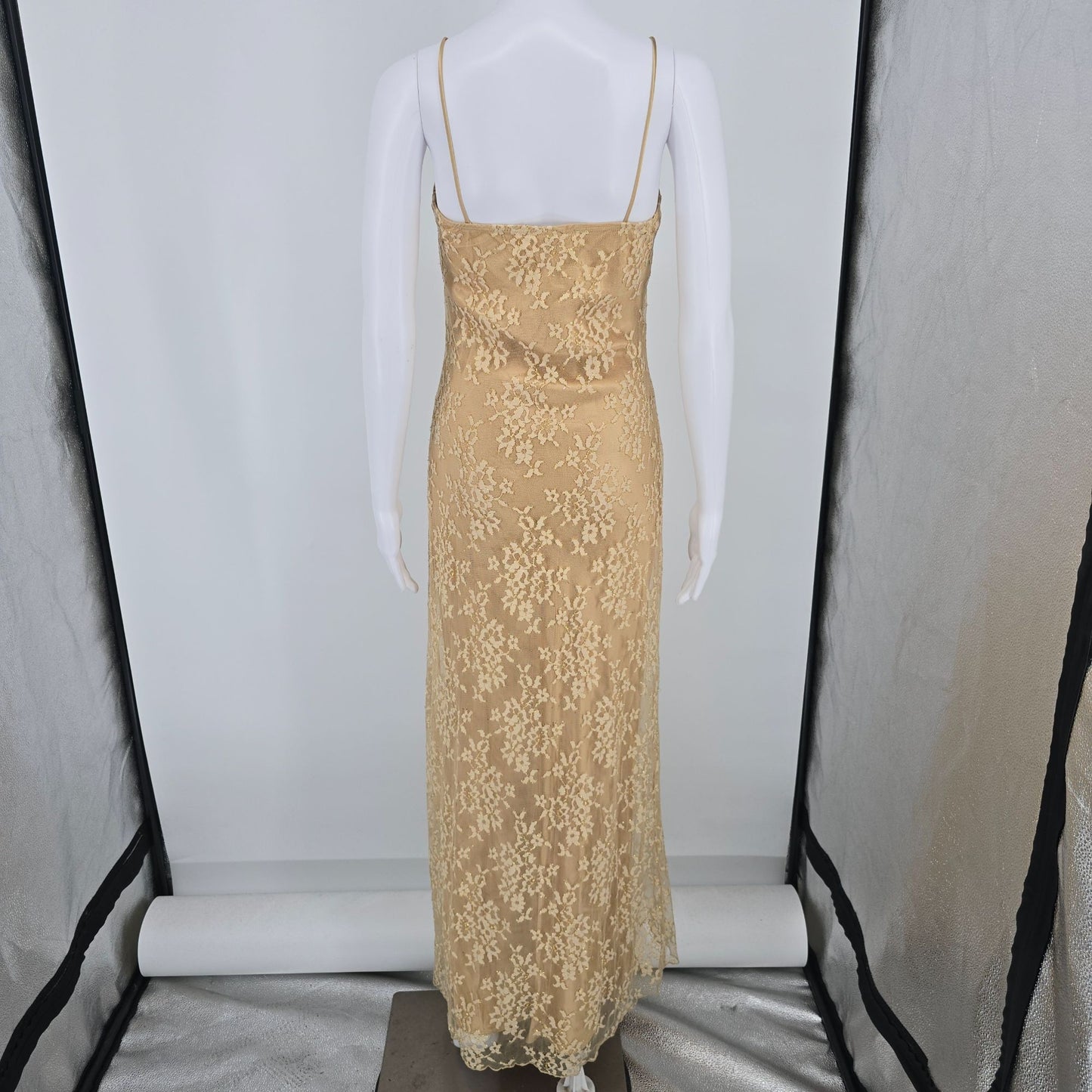 Vintage 1990s Debut Gold Metallic Lace Overlay Satin Slip Maxi Dress (S) *Flaws