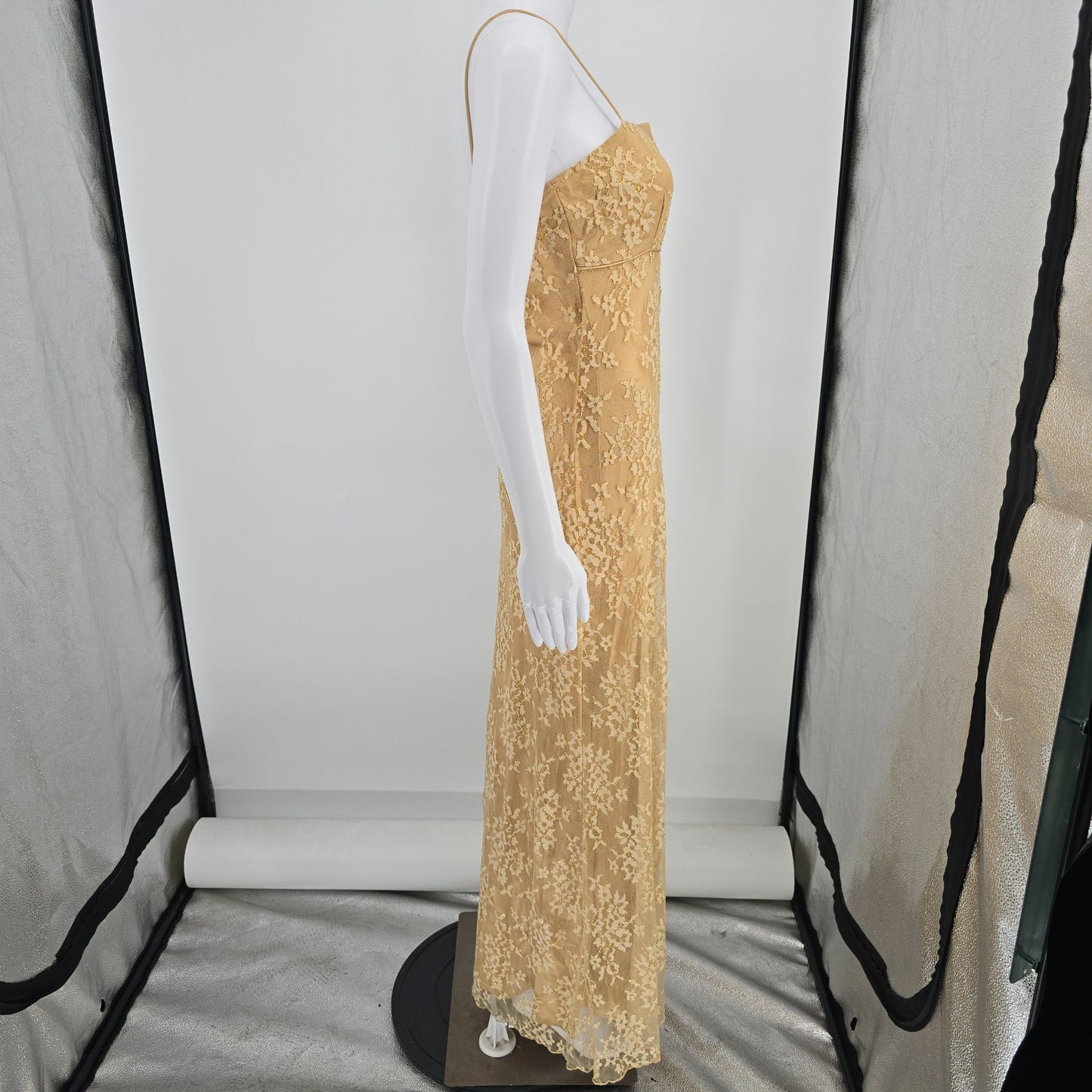 Vintage 1990s Debut Gold Metallic Lace Overlay Satin Slip Maxi Dress (S) *Flaws