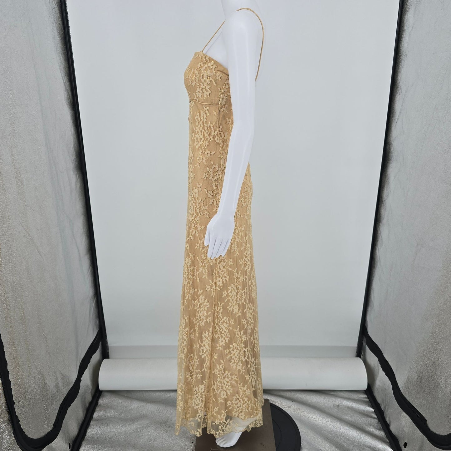 Vintage 1990s Debut Gold Metallic Lace Overlay Satin Slip Maxi Dress (S) *Flaws