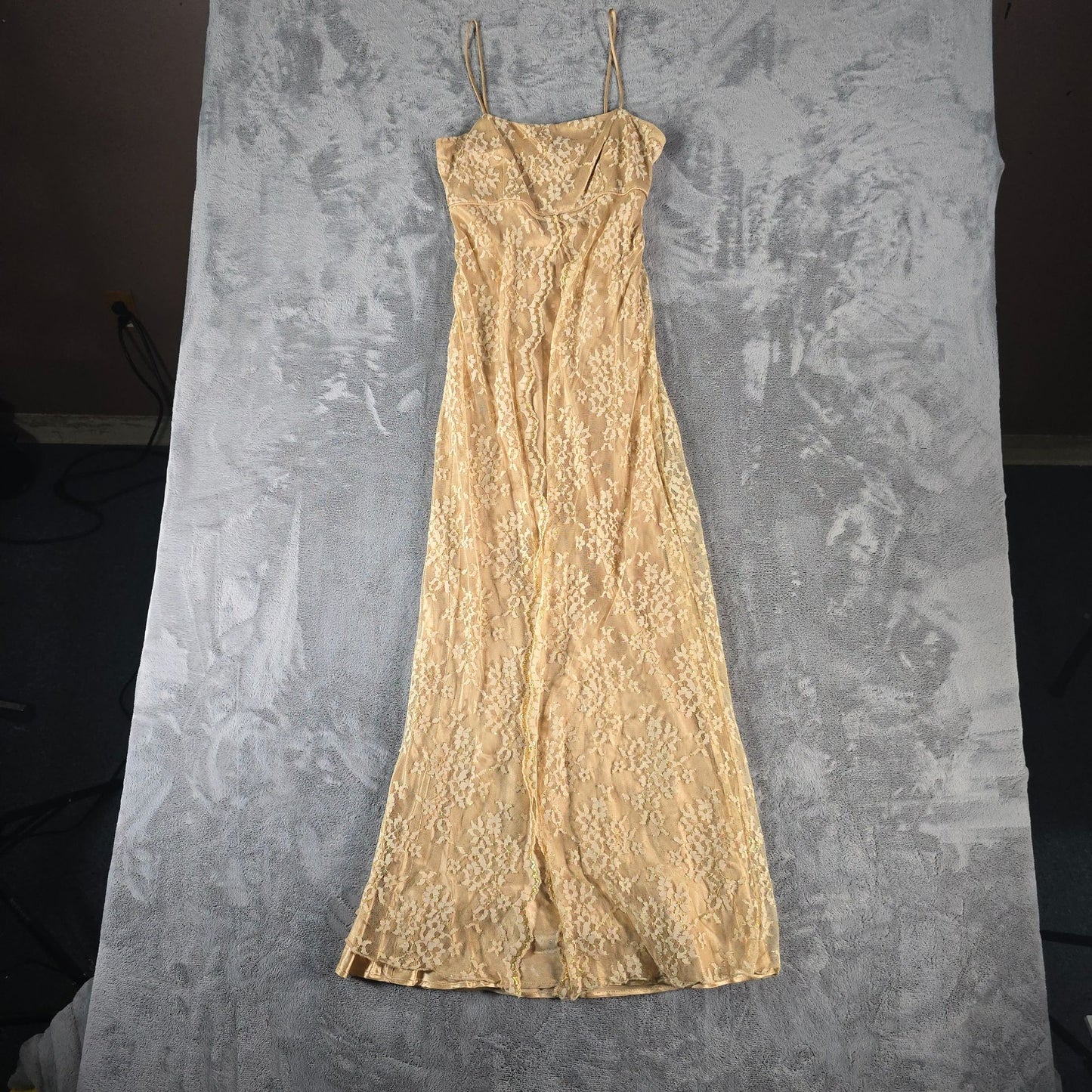 Vintage 1990s Debut Gold Metallic Lace Overlay Satin Slip Maxi Dress (S) *Flaws