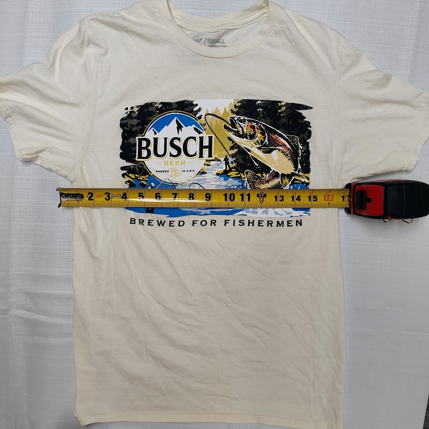 Brew City Busch Light Brewed for Fisherman Trout Fishing Label T-shirt (S) *FLAW