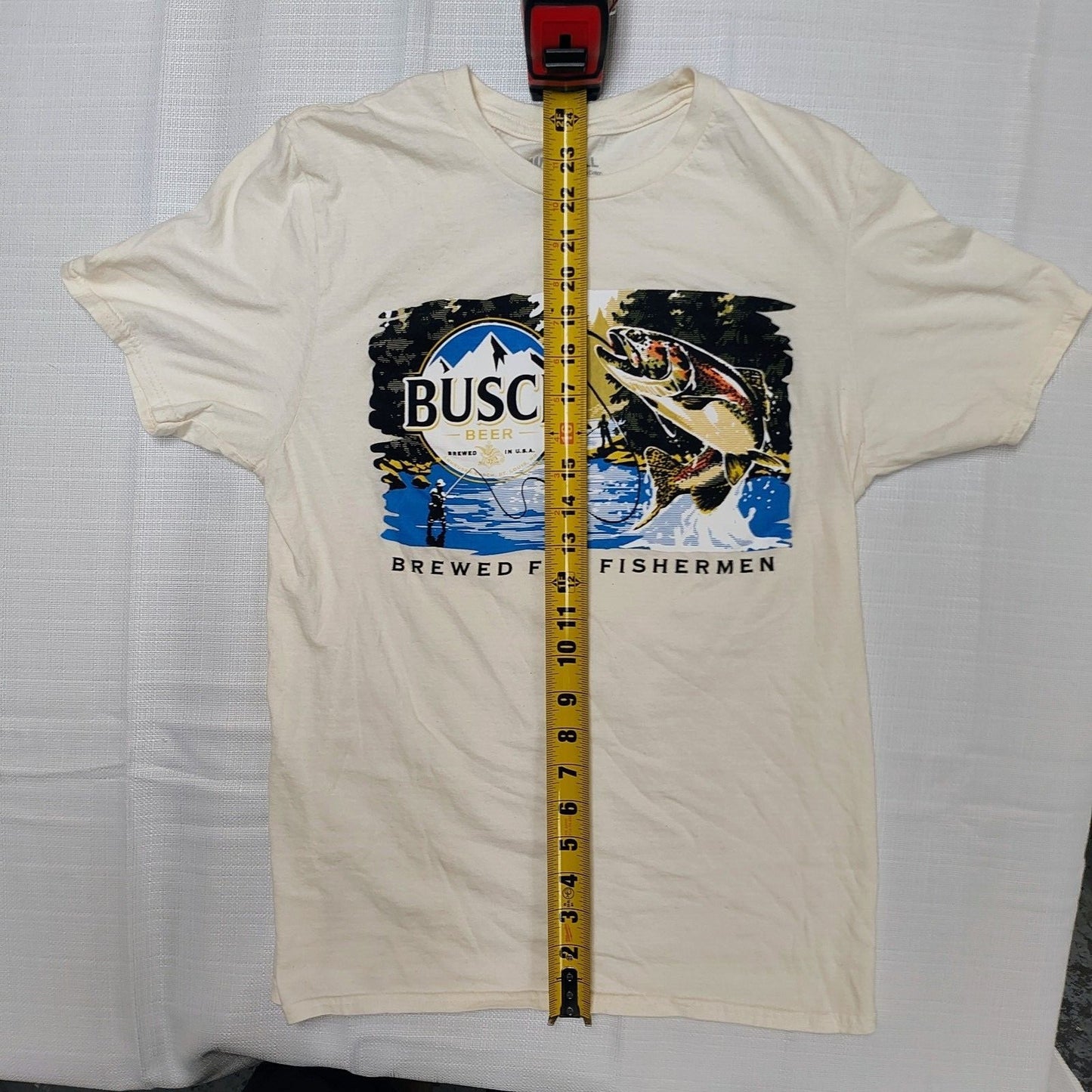 Brew City Busch Light Brewed for Fisherman Trout Fishing Label T-shirt (S) *FLAW