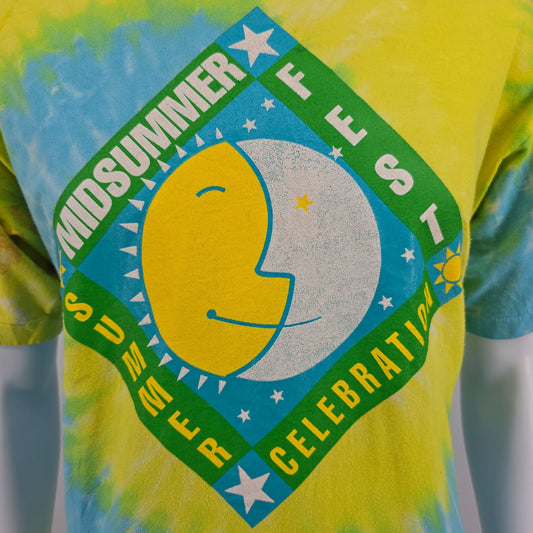 Vintage 1990s Tie-Dye Midsummer Fest Summer Celebration Sun/Moon T-Shirt (L/XL)