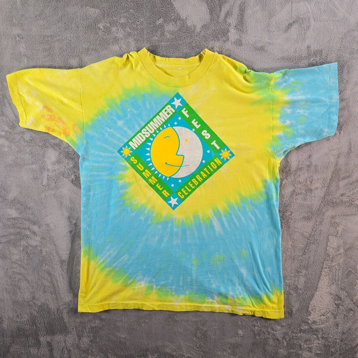 Vintage 1990s Tie-Dye Midsummer Fest Summer Celebration Sun/Moon T-Shirt (L/XL)
