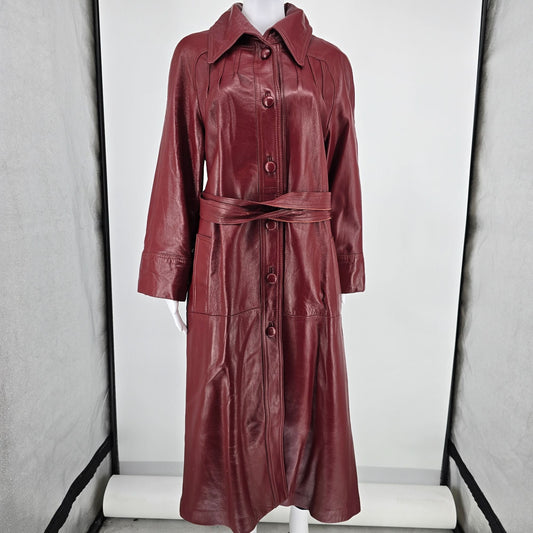 Vintage 1970s Unbranded Women's Red Leather Wide Collar Belted Trench Coat (M)