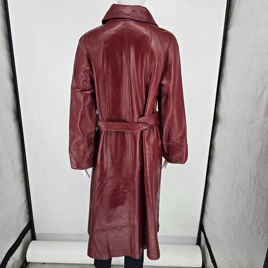 Vintage 1970s Unbranded Women's Red Leather Wide Collar Belted Trench Coat (M)