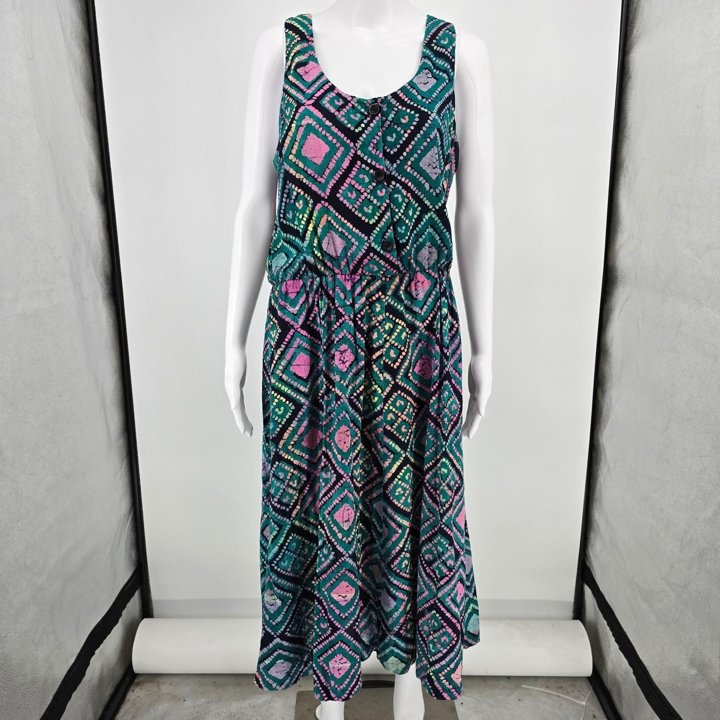 Vintage 1990s Teal/Pink Batik Button-Front Elastic Waist Sleeveless Sundress (M)