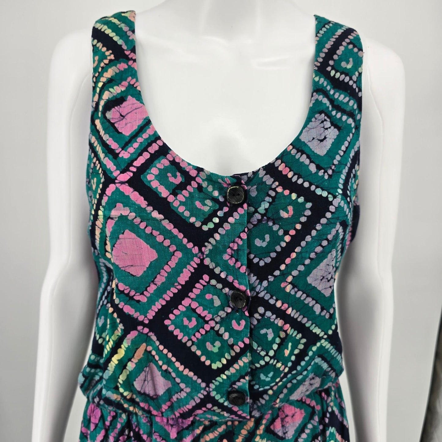 Vintage 1990s Teal/Pink Batik Button-Front Elastic Waist Sleeveless Sundress (M)