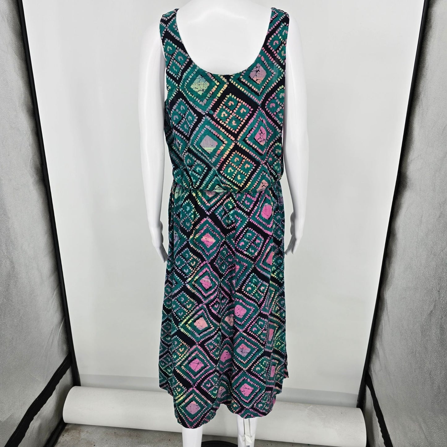 Vintage 1990s Teal/Pink Batik Button-Front Elastic Waist Sleeveless Sundress (M)