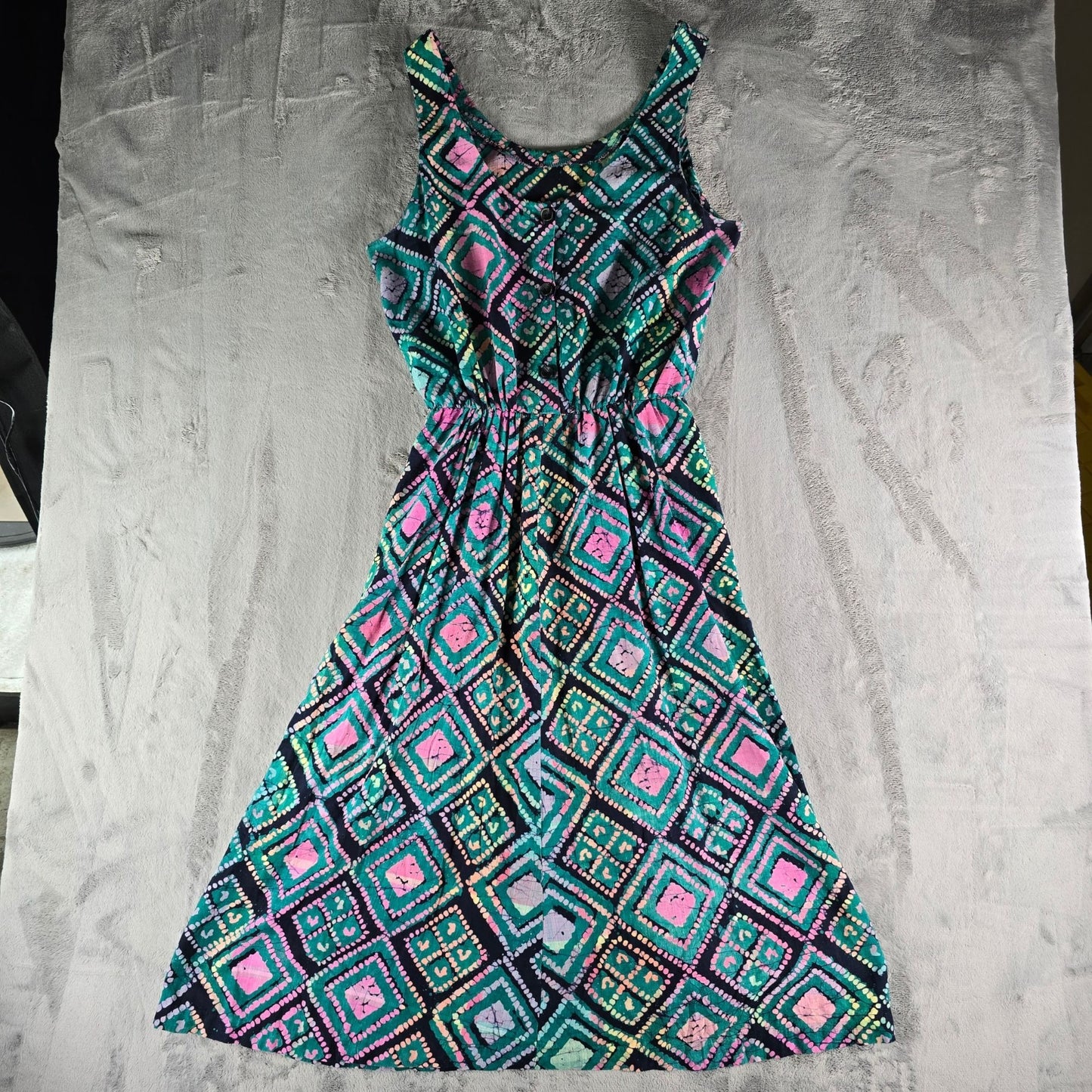 Vintage 1990s Teal/Pink Batik Button-Front Elastic Waist Sleeveless Sundress (M)