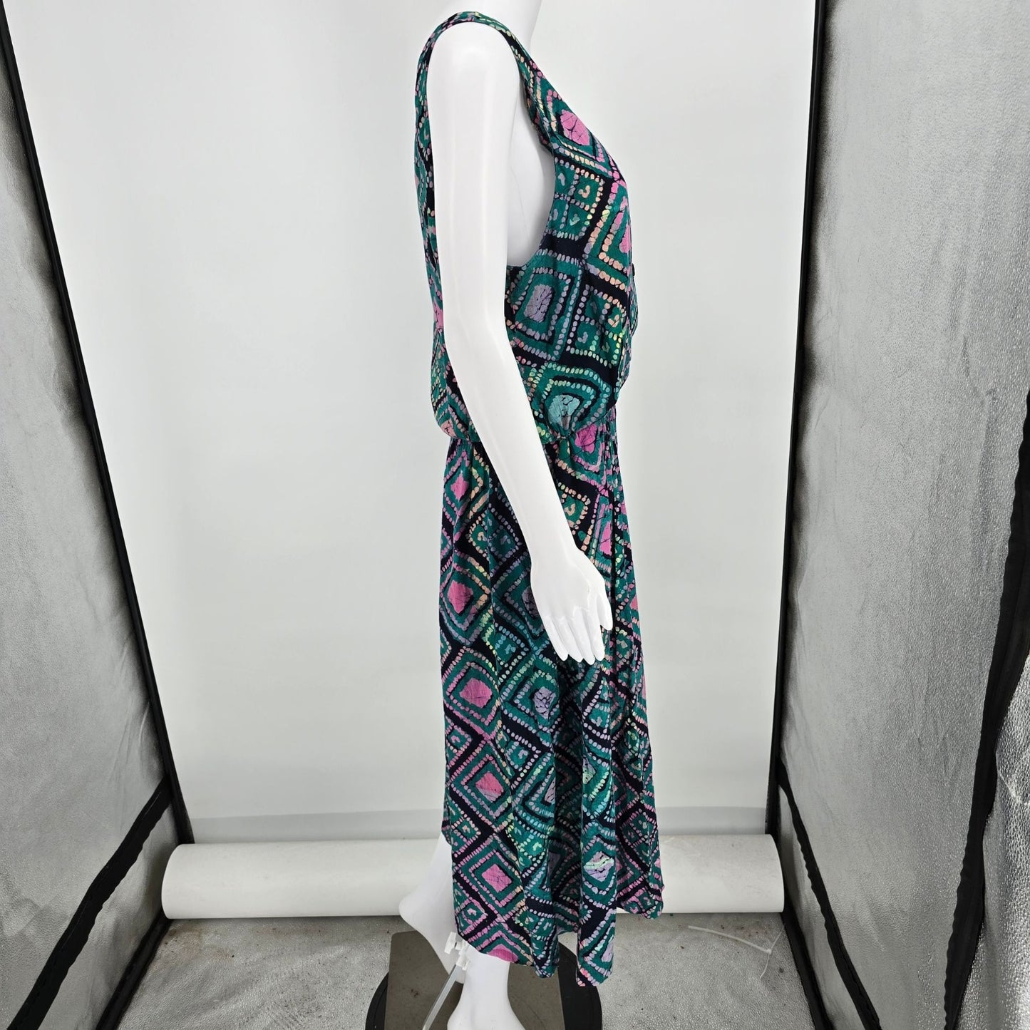 Vintage 1990s Teal/Pink Batik Button-Front Elastic Waist Sleeveless Sundress (M)