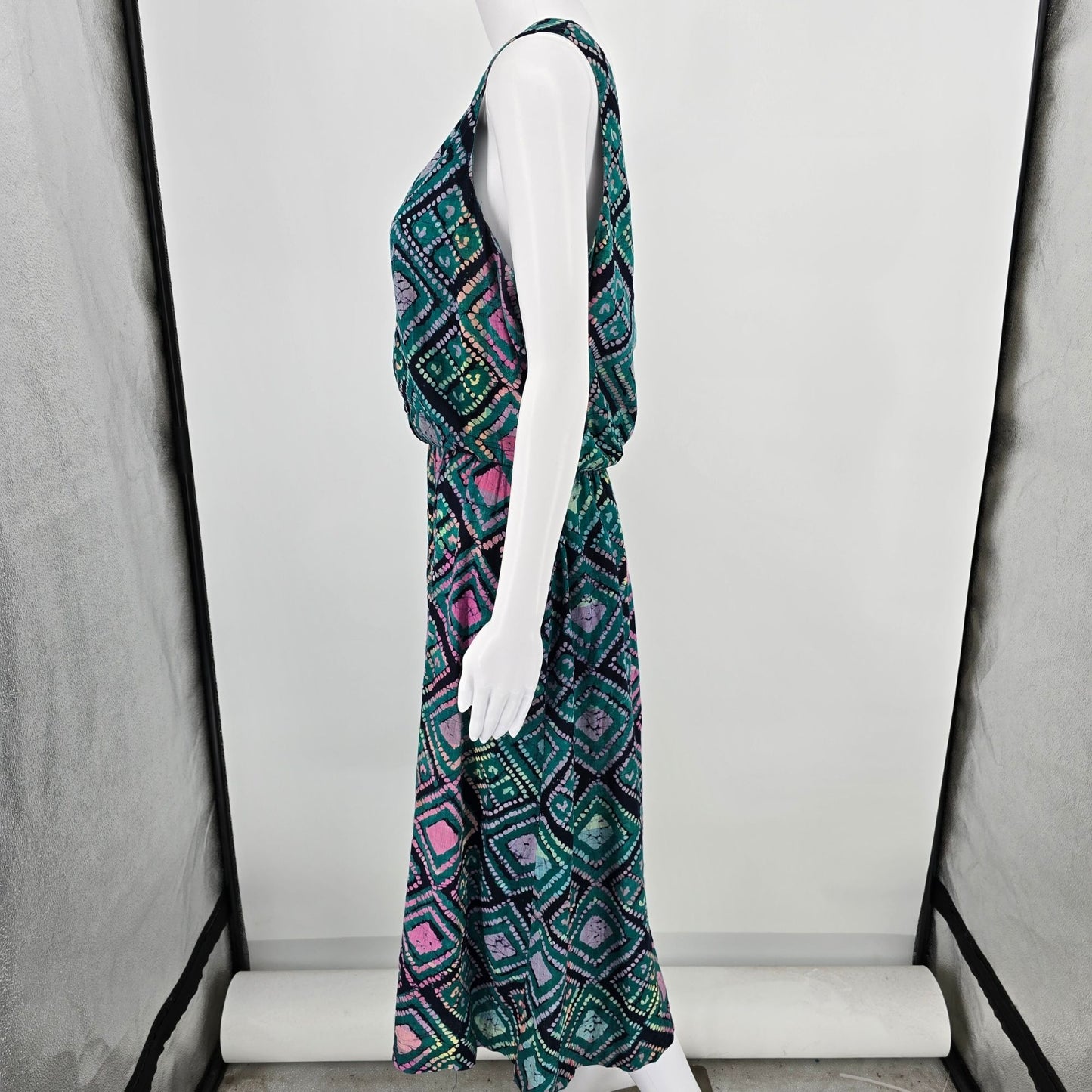 Vintage 1990s Teal/Pink Batik Button-Front Elastic Waist Sleeveless Sundress (M)