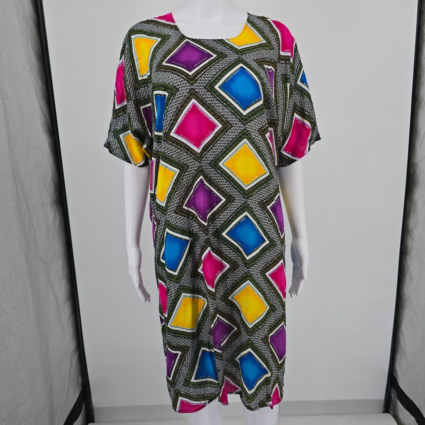 Vintage 1980s Geometric Print Glitter Paint Dolman Sleeve Caftan Dress (OS)