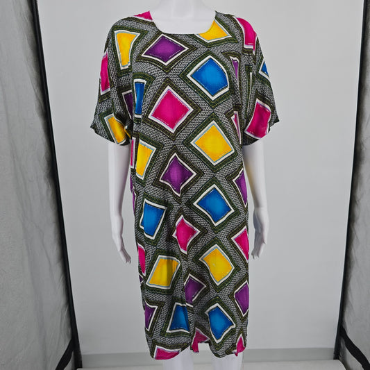 Vintage 1980s Geometric Print Glitter Paint Dolman Sleeve Caftan Dress (OS)