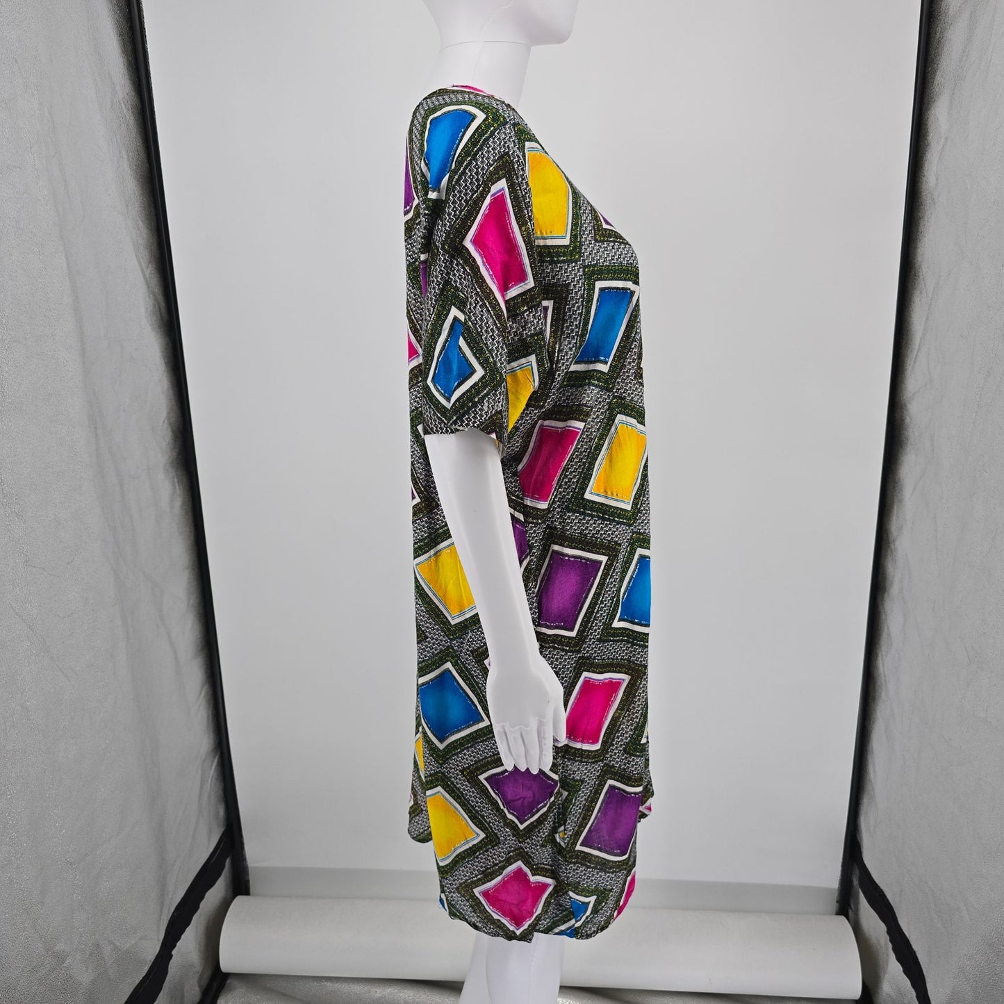 Vintage 1980s Geometric Print Glitter Paint Dolman Sleeve Caftan Dress (OS)