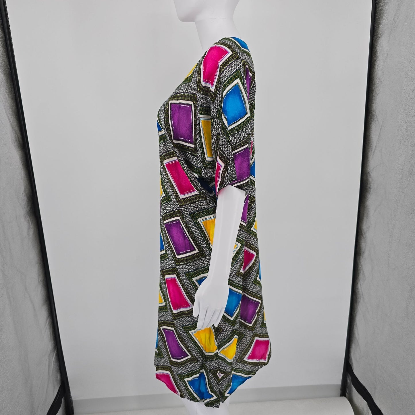 Vintage 1980s Geometric Print Glitter Paint Dolman Sleeve Caftan Dress (OS)