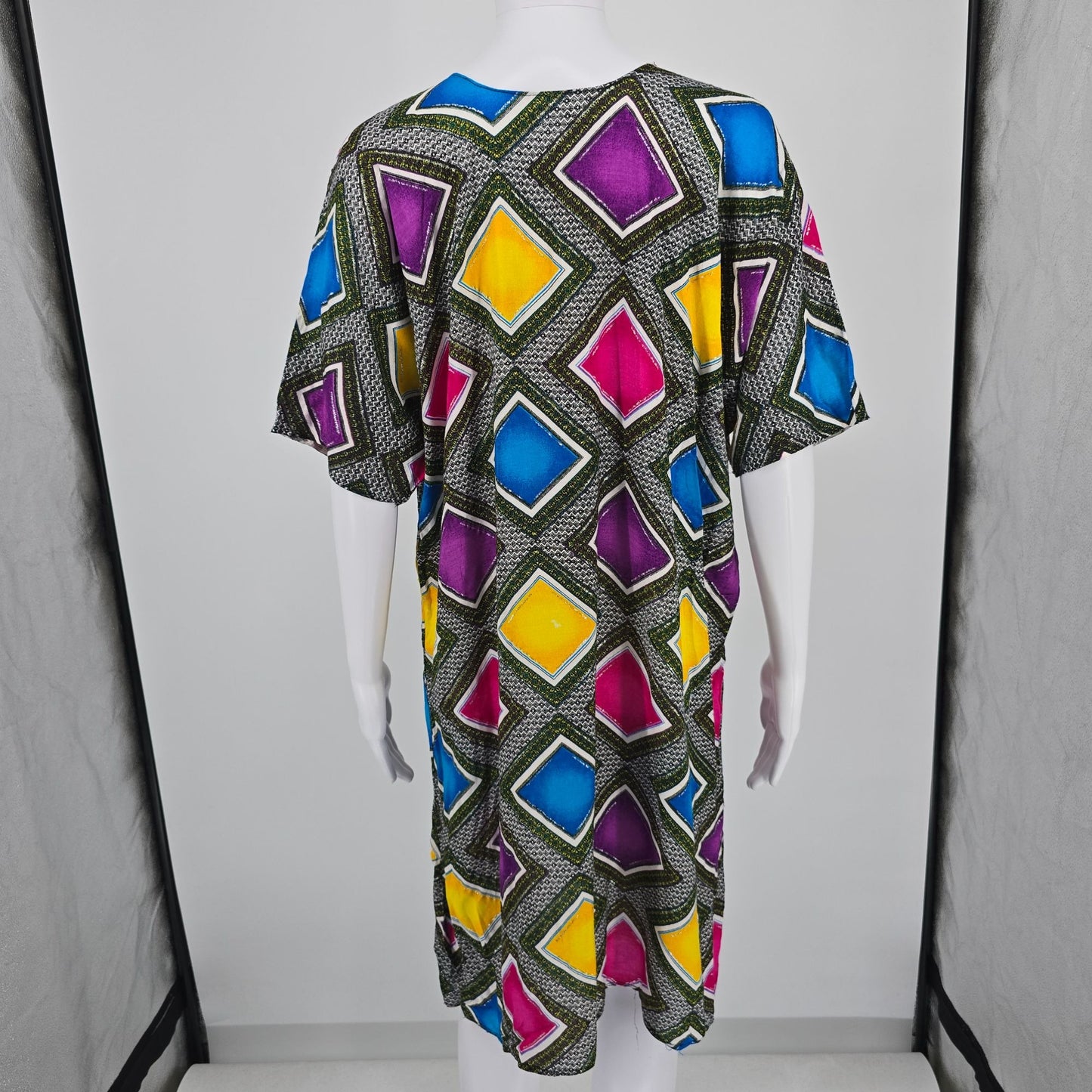 Vintage 1980s Geometric Print Glitter Paint Dolman Sleeve Caftan Dress (OS)