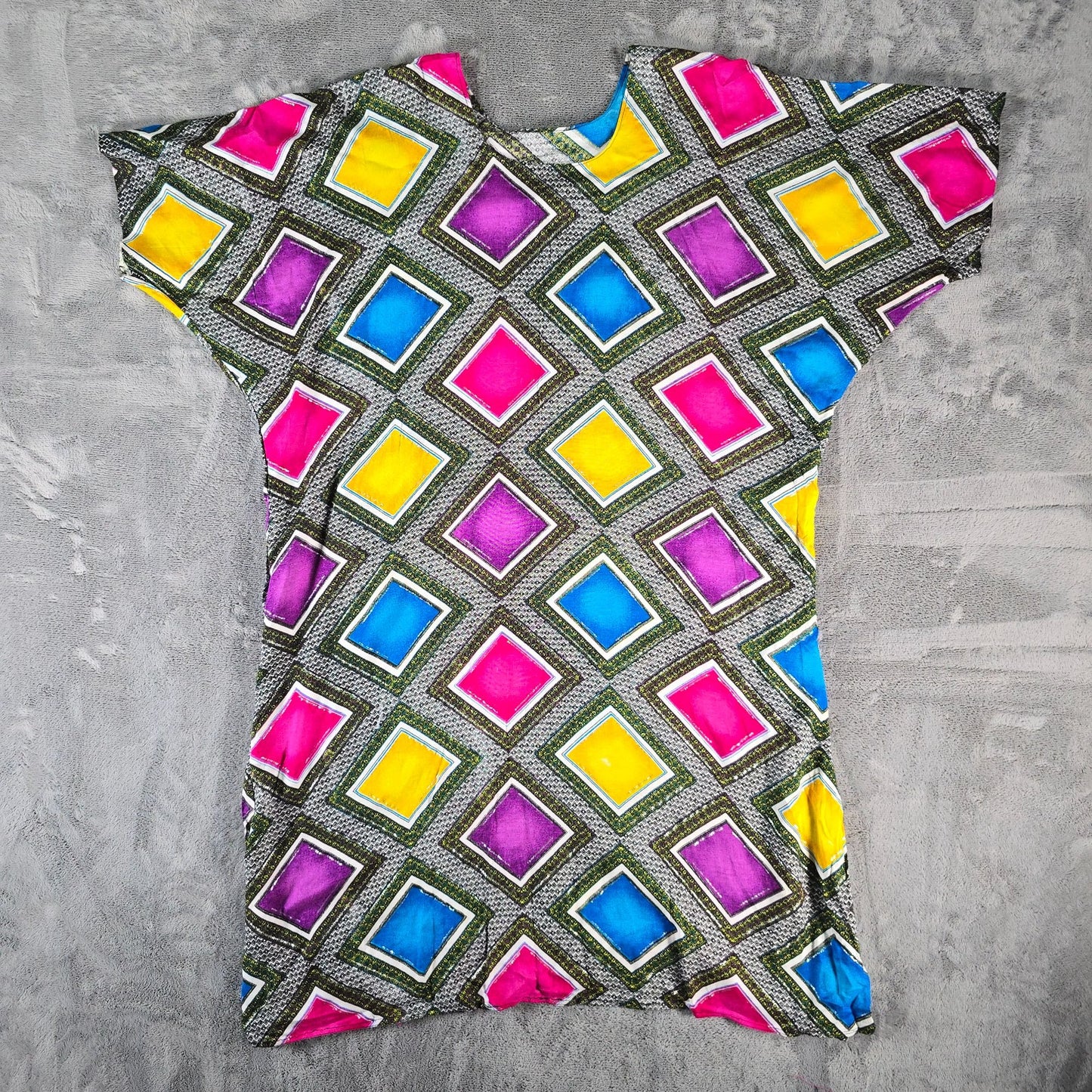 Vintage 1980s Geometric Print Glitter Paint Dolman Sleeve Caftan Dress (OS)