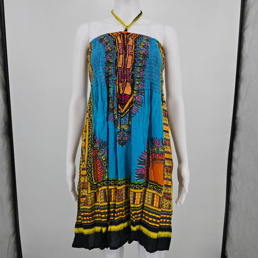 2010s Charming Charlie Dashki Print Smocked Boho Halter Dress (Free Size)