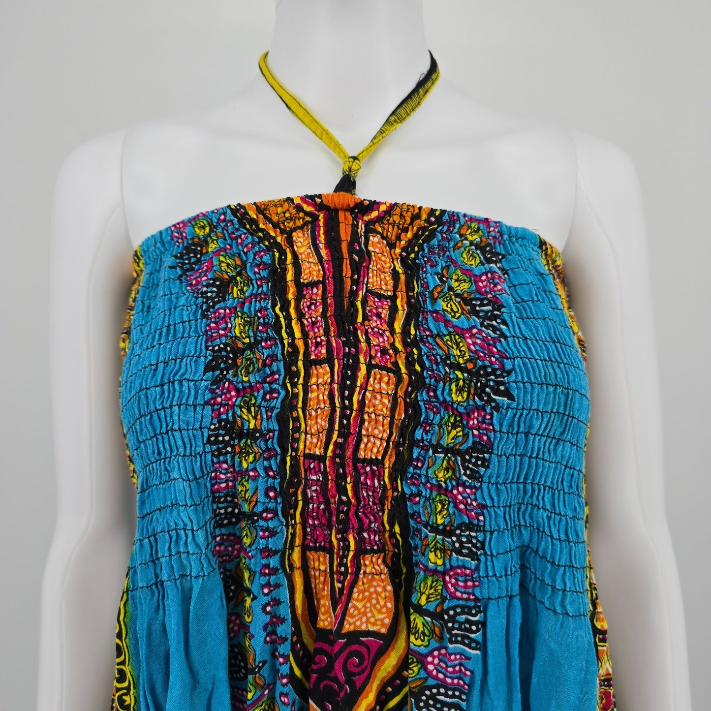 2010s Charming Charlie Dashki Print Smocked Boho Halter Dress (Free Size)