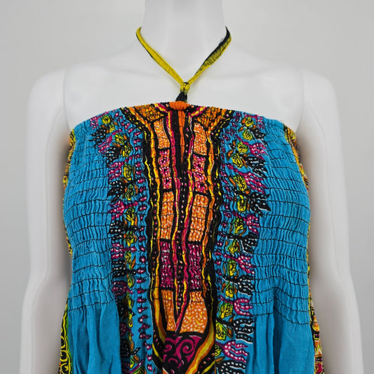 2010s Charming Charlie Dashki Print Smocked Boho Halter Dress (Free Size)