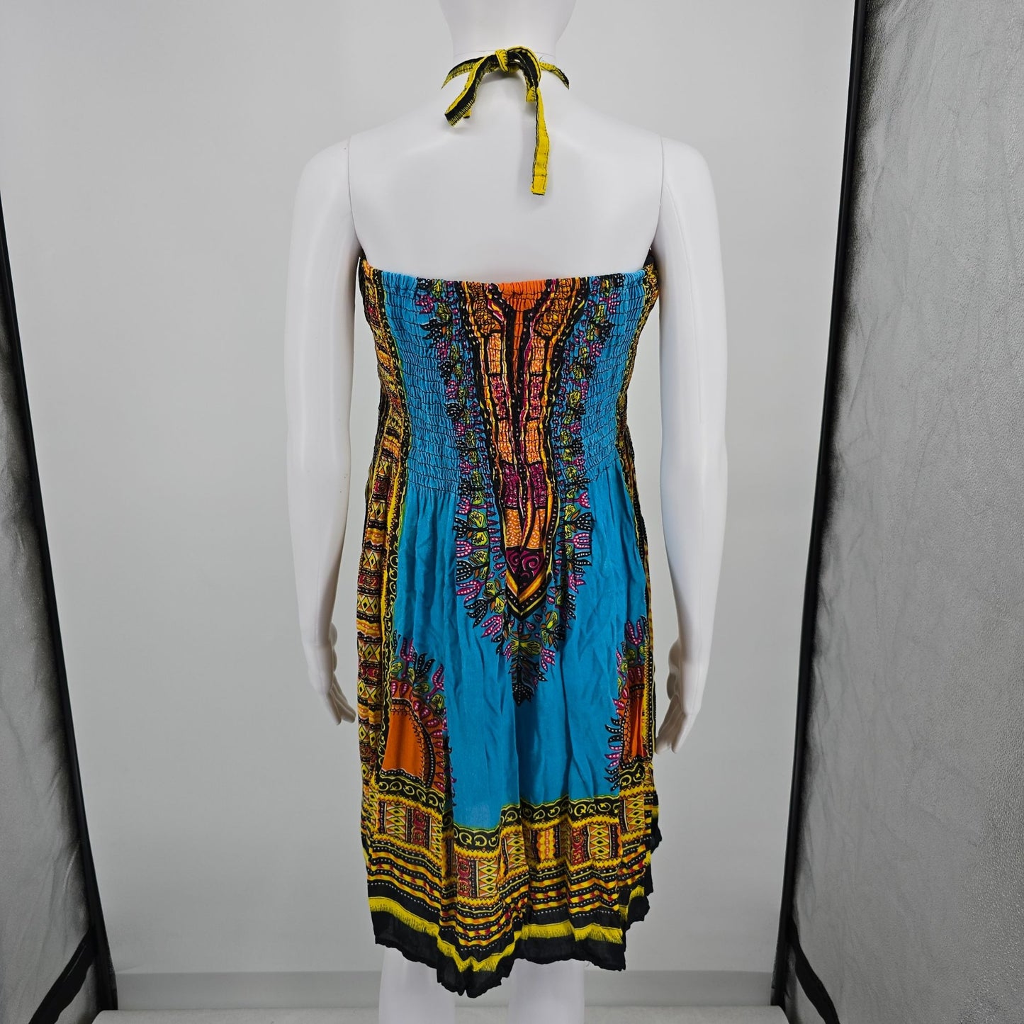 2010s Charming Charlie Dashki Print Smocked Boho Halter Dress (Free Size)