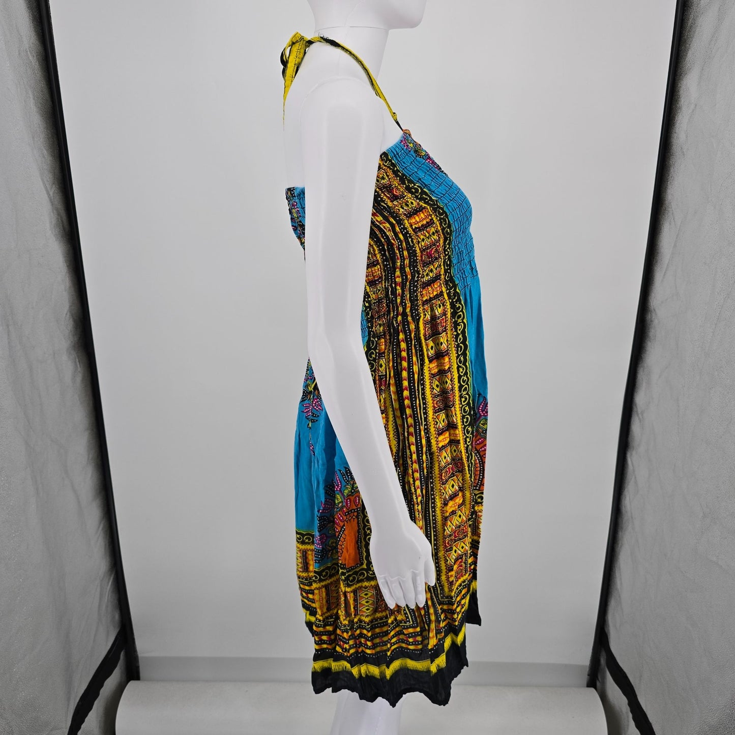 2010s Charming Charlie Dashki Print Smocked Boho Halter Dress (Free Size)