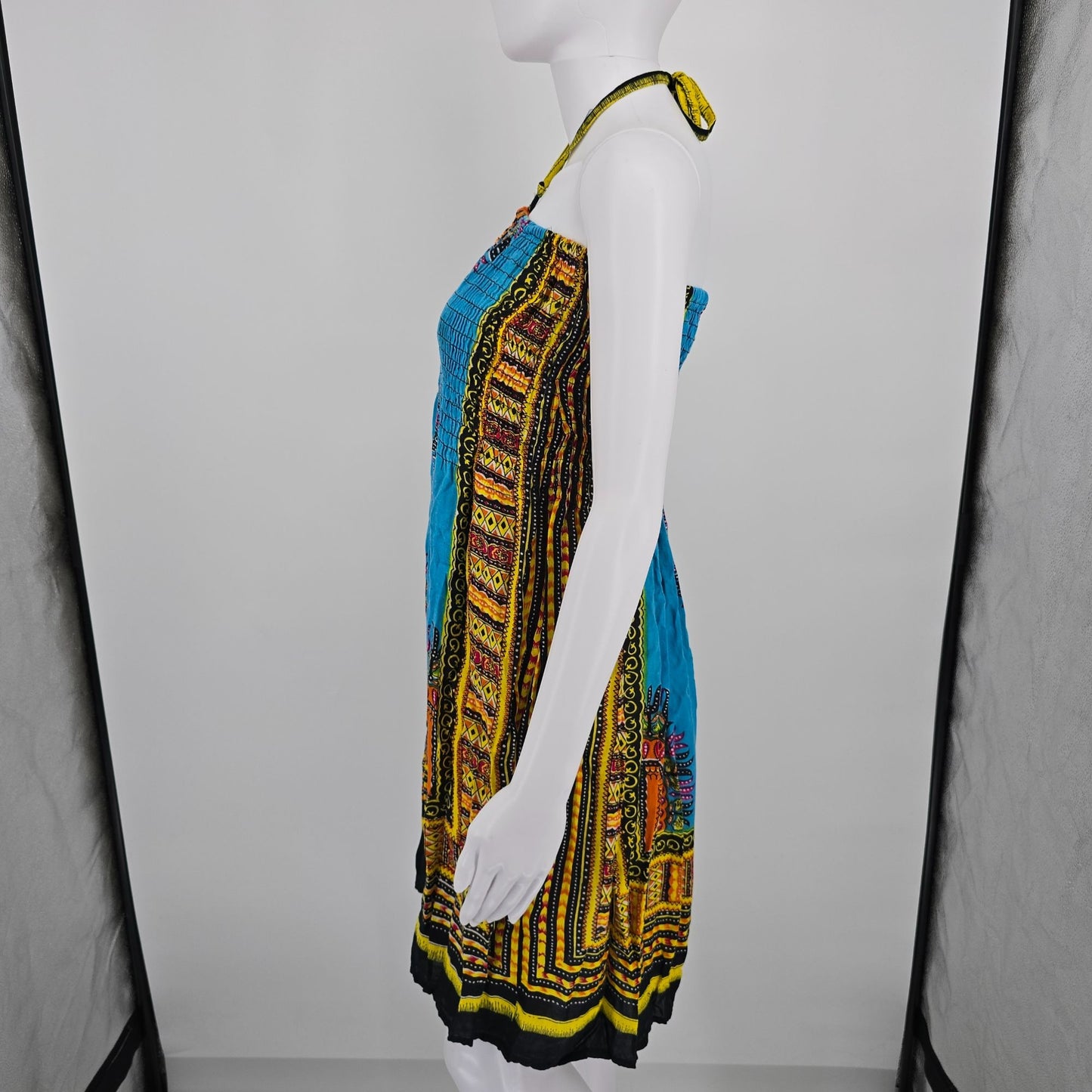 2010s Charming Charlie Dashki Print Smocked Boho Halter Dress (Free Size)