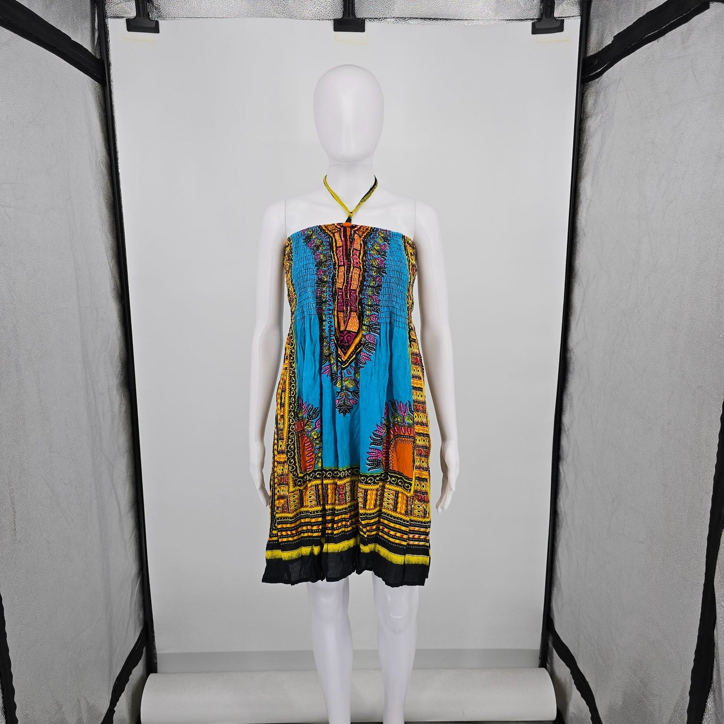 2010s Charming Charlie Dashki Print Smocked Boho Halter Dress (Free Size)