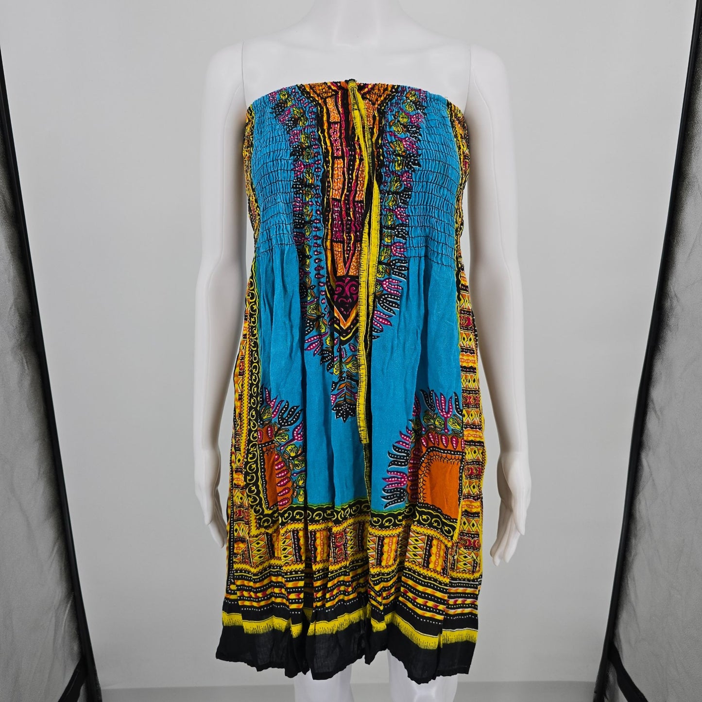 2010s Charming Charlie Dashki Print Smocked Boho Halter Dress (Free Size)