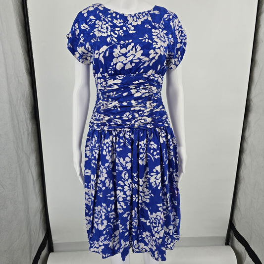 Vintage 1980s Maggy London Jeannene Booher Blue/White Floral Silk Dress (XS/S)