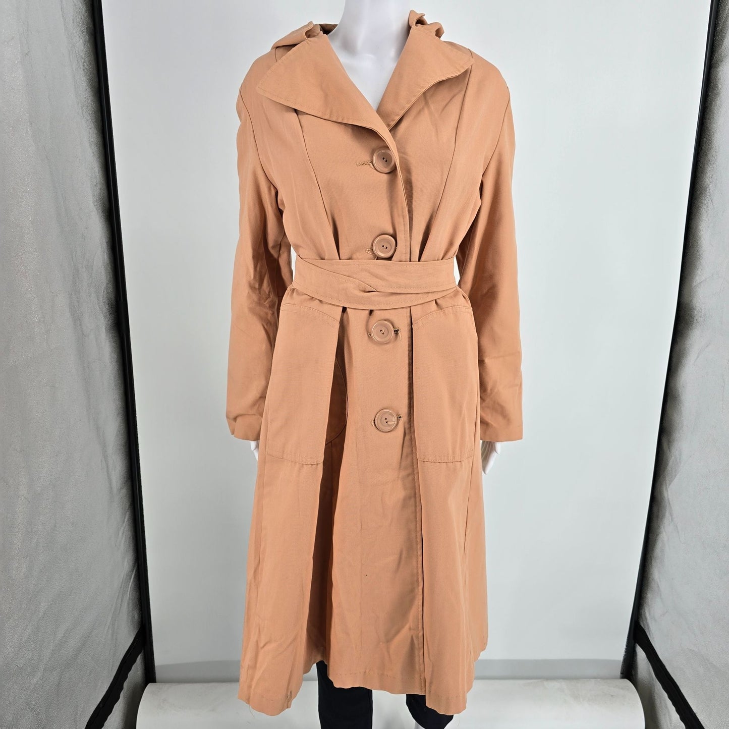 Vintage 1960s Unbranded Women's Peach Single-breasted Belted Trench Coat (M/L)