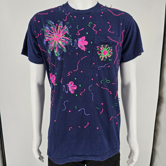 Vintage Late 1980s BVD Abstract Floral Neon Puff Paint Pocket T-Shirt (L/XL)
