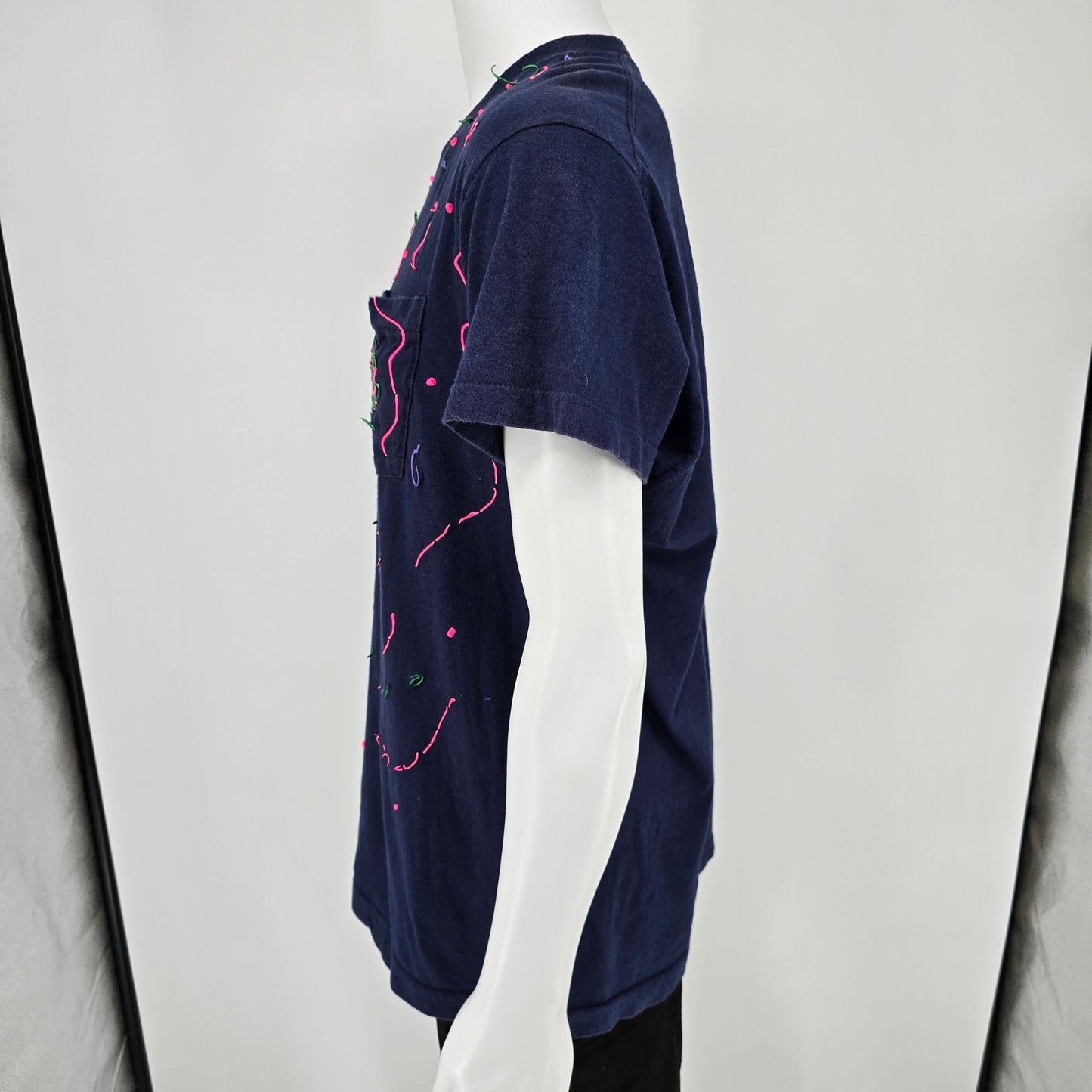 Vintage Late 1980s BVD Abstract Floral Neon Puff Paint Pocket T-Shirt (L/XL)