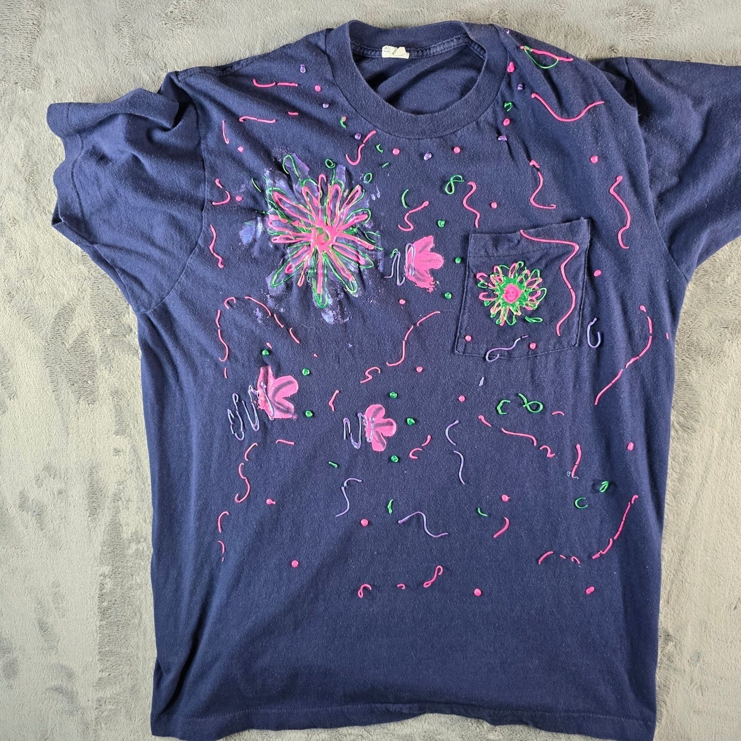 Vintage Late 1980s BVD Abstract Floral Neon Puff Paint Pocket T-Shirt (L/XL)