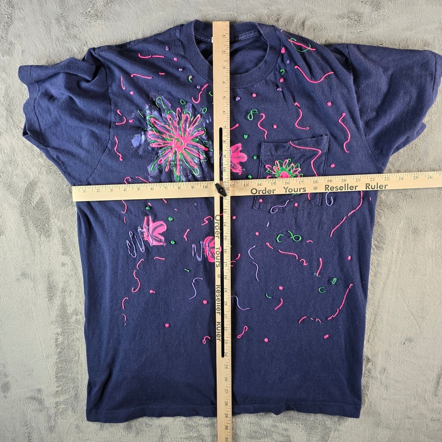 Vintage Late 1980s BVD Abstract Floral Neon Puff Paint Pocket T-Shirt (L/XL)